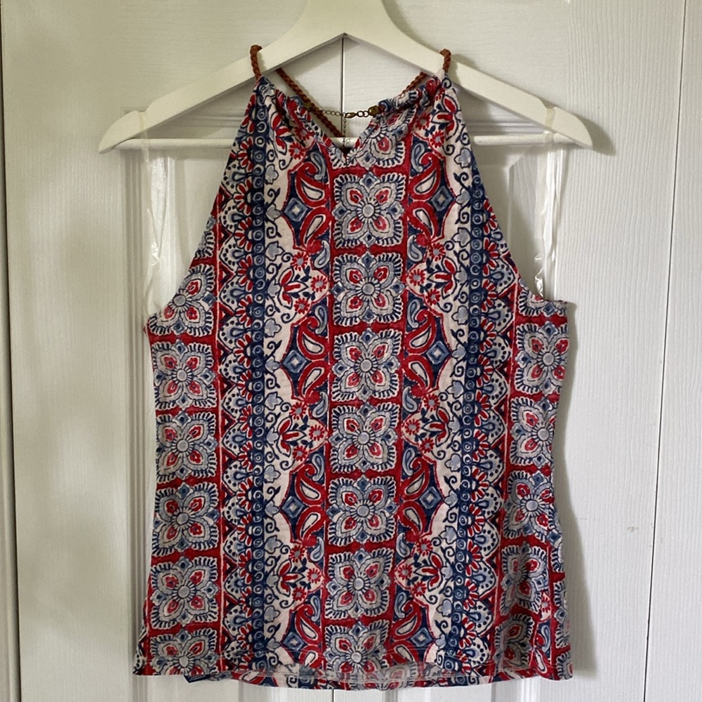 Ralph Lauren CHAPS Denim Bandana print brass ring halter top 100% cotton Size M - Picture 2 of 13